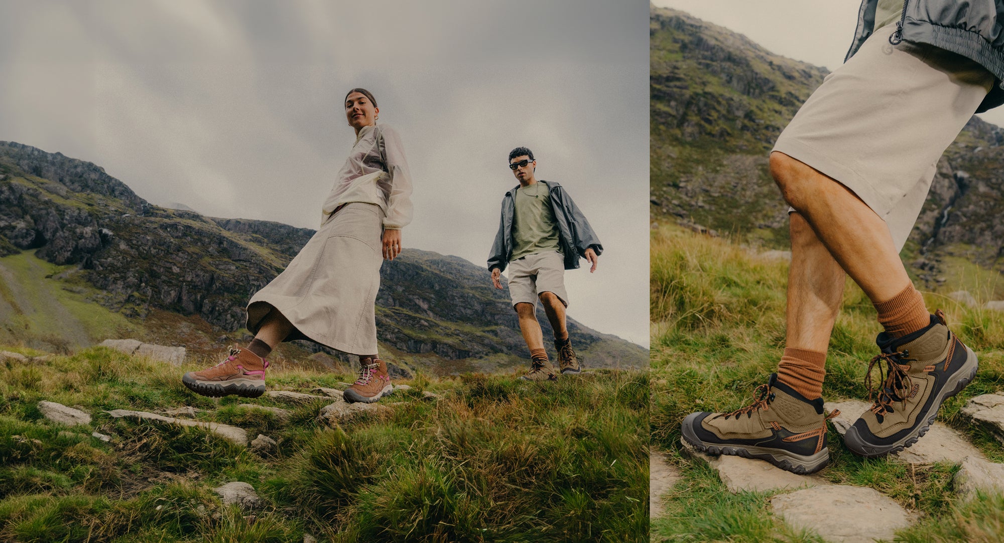 Man and woman hiking across grassy  and mountainous bluffs  while wearing brown leather Targhee IV hiking boots .