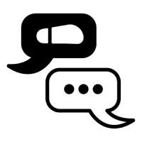 Two speech bubbles, the first one on the left with a shoeprint and the second one on the right with the typing symbol